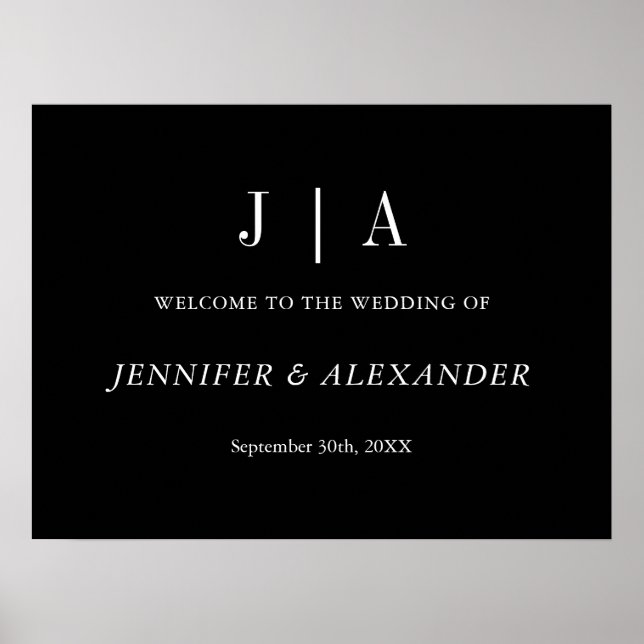 Affiche Monogramme simple moderne Mariage noir et blanc (Devant)
