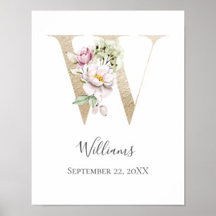 Affiche Monogramme W Rose Blanc Floral Lettre Orée Nurseri
