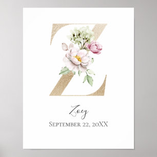 Affiche Monogramme Z Rose Blanc Floral Lettre Dorée Nurser