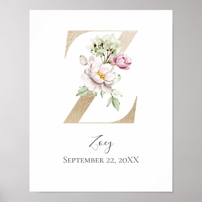 Affiche Monogramme Z Rose Blanc Floral Lettre Dorée Nurser (Devant)