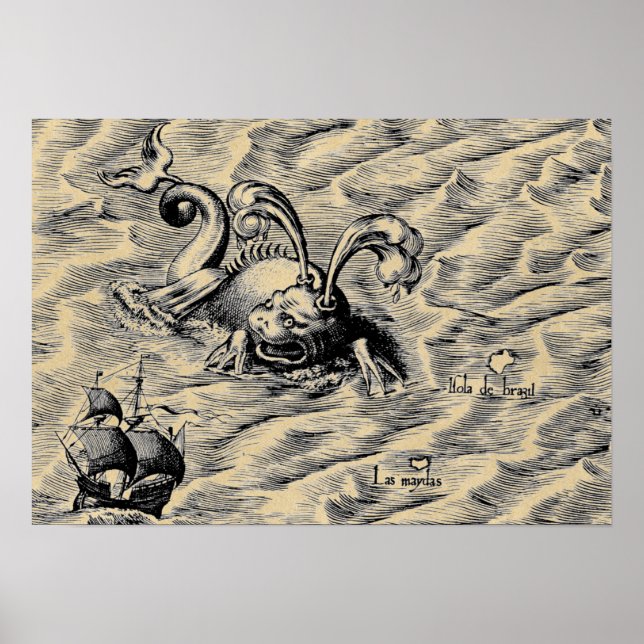 Affiche Monster de la mer Arctique et navire à voile Sepia (Devant)