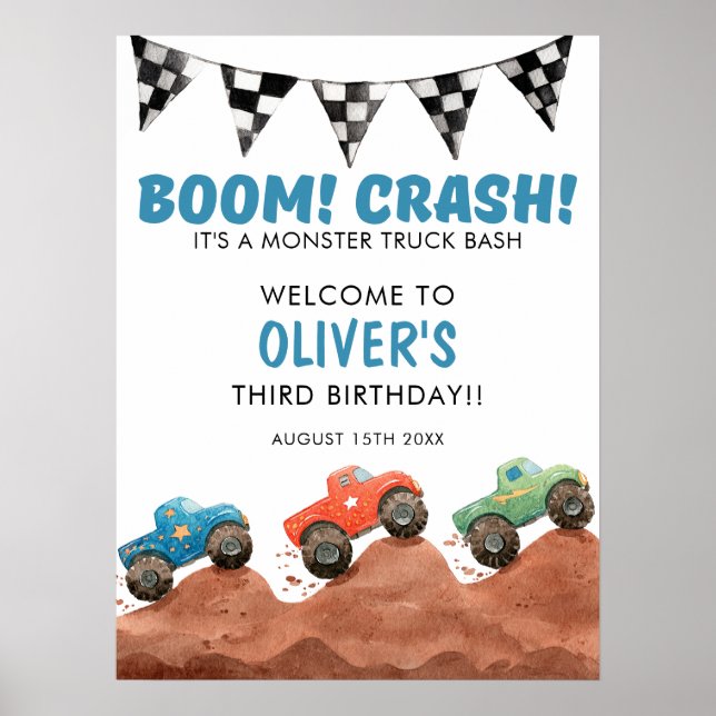 Affiche Monster Truck Colorful Cars Birthday Welcome Sign (Devant)
