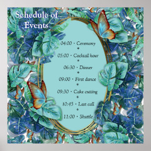 Affiche Monstera bleu turquoise Feuilles et papillons