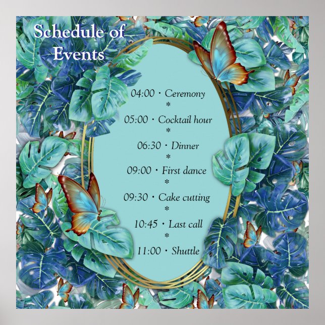 Affiche Monstera bleu turquoise Feuilles et papillons (Devant)