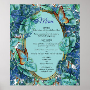 Affiche Monstera bleu turquoise Feuilles et papillons