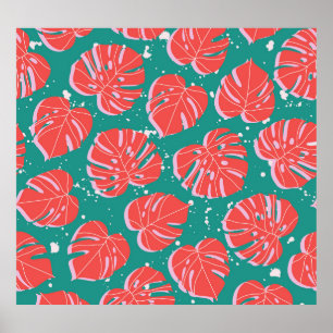 Affiche Monstère rouge : motif tropical vert