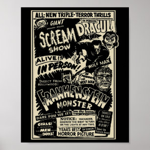 Affiche Monstre de film d'horreur Mummy Dracula Werewolf F