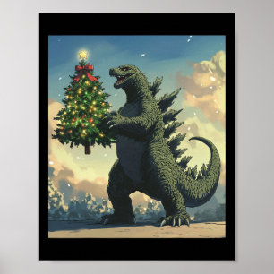 Affiche Monstre japonais Kaiju portant un sapin de Noël