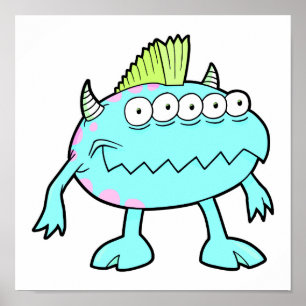 Affiche monstre mohawk punk bleu de nombreux yeux