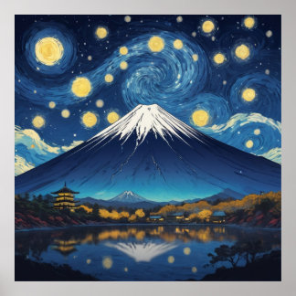 Affiche mont fuji à la nuit étoilée