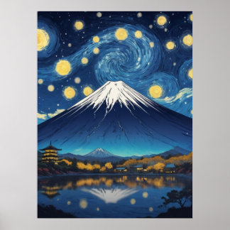 Affiche mont fuji à la nuit étoilée
