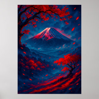 Affiche Mont Fuji avec Imaginaire en fleurs rouges Japonai