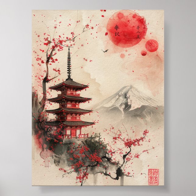 Affiche Mont Fuji et pagode – Paysage japonais classique (Devant)