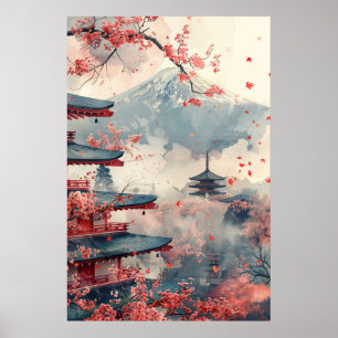 Affiche Mont Fuji et pagode – Paysage japonais classique