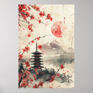Affiche Mont Fuji et pagode – Paysage japonais classique