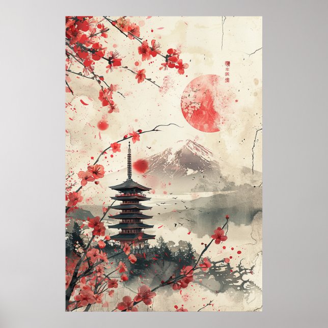 Affiche Mont Fuji et pagode – Paysage japonais classique (Devant)