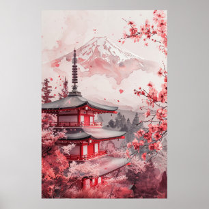 Affiche Mont Fuji et pagode – Paysage japonais classique