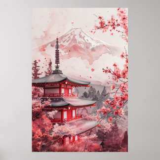 Affiche Mont Fuji et pagode – Paysage japonais classique
