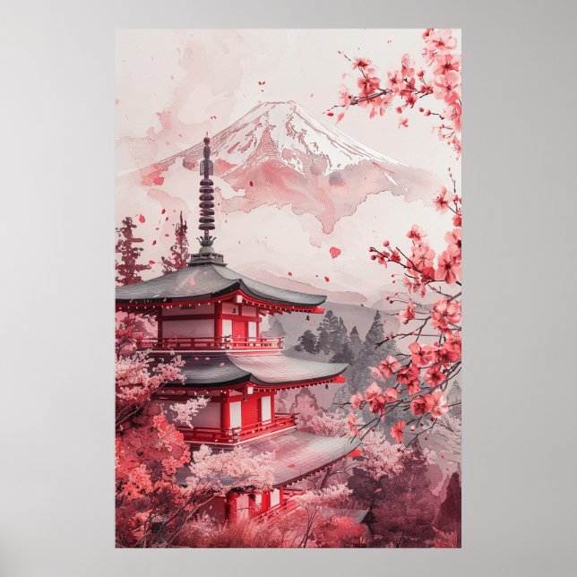 Affiche Mont Fuji et pagode – Paysage japonais classique (Devant)