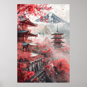 Affiche Mont Fuji et pagode – Paysage japonais classique