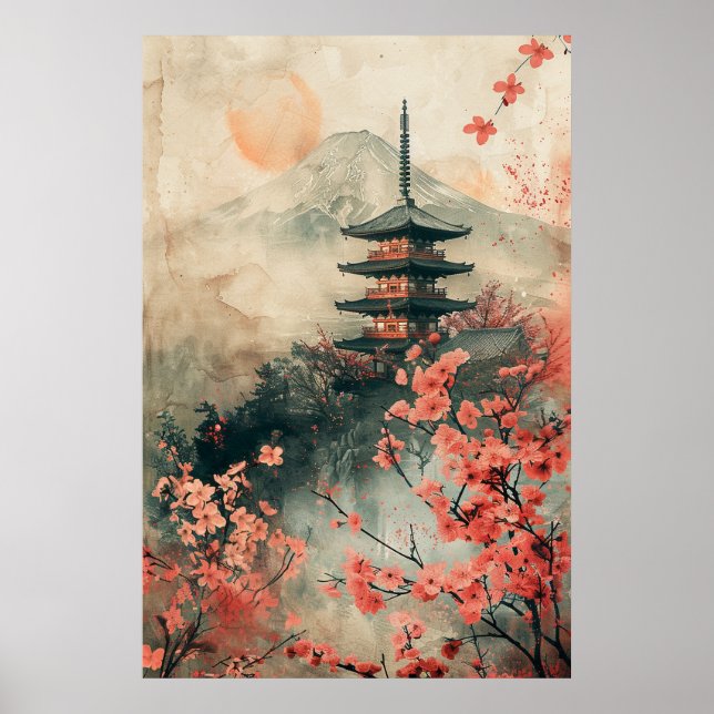 Affiche Mont Fuji et pagode – Paysage japonais classique (Devant)