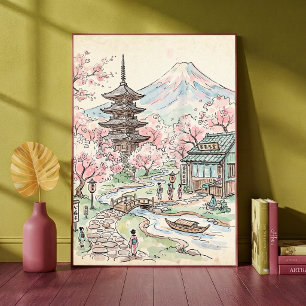Affiche Mont Fuji Fleur de Cerisier Japonaise Aquarelle Pa
