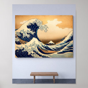 Affiche Mont Fuji & Grande Vague Indigo Gravure sur Bois