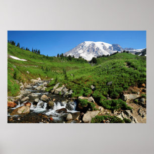 Affiche Mont Rainier, cascade, enneigé