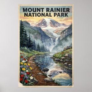 Affiche Mont Rainier Parc National Aquarelle Rétro