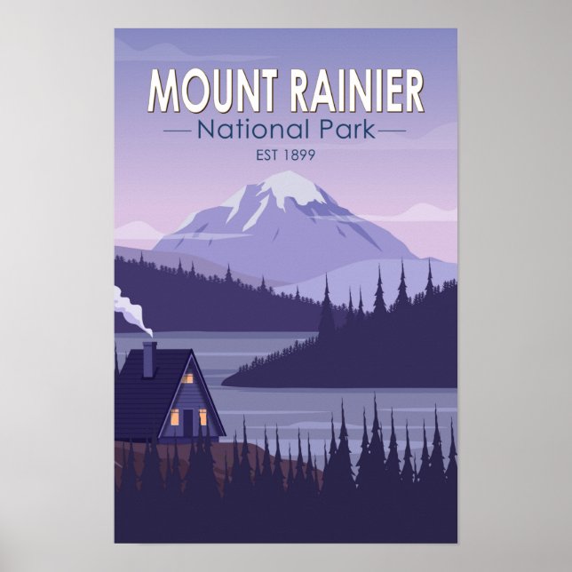 Affiche Mont Rainier Parc National Washington Cabine Rétro (Devant)