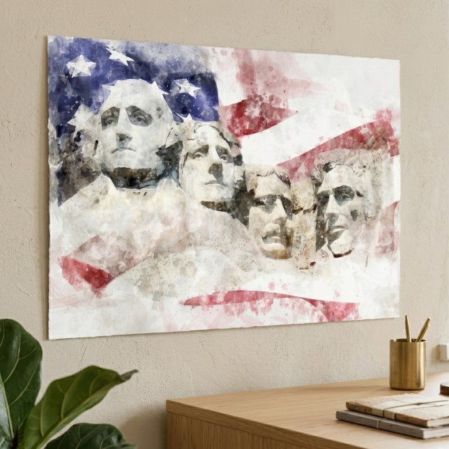 Affiche Mont Rushmore Aquarelle avec drapeau américain (Mount Rushmore Watercolor with American Flag. Poster)