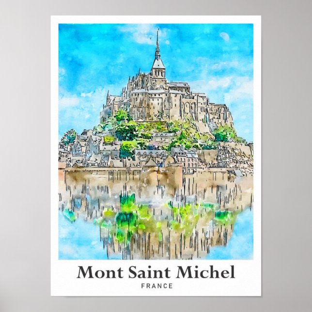 Affiche Mont Saint Michel France Aquarelle de voyage Art (Devant)