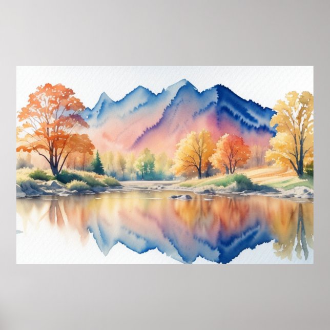Affiche Montagne à l'automne aquarelle paysage (Devant)