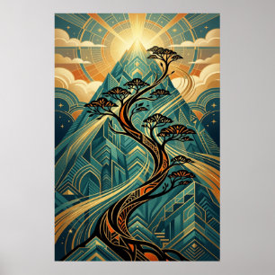 Affiche Montagne Bonsaï Japonais Art Déco Or Sarce