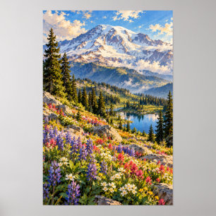 Affiche Montagne Couronnée de Neige et Fleurs Sauvages des
