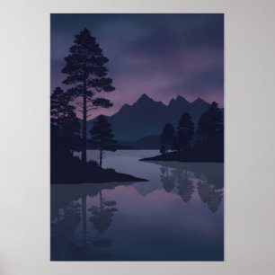 Affiche Montagne de lac de pin de silhouette de crépuscule