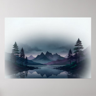 Affiche Montagne de lac de pins violets sarcelle brumeuse