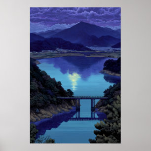 Affiche Montagne du lac de nuit bleu serein avec art de po