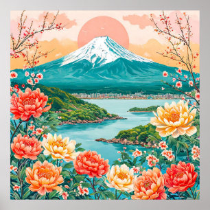 Affiche Montagne enneigée Lac serein Fleur