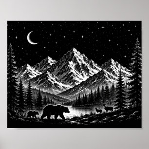 Affiche Montagne mystique, nuit sauvage, style linogravure
