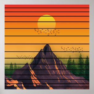 AFFICHE MONTAGNE NATURE VINTAGE COUCHER DE SOLEIL