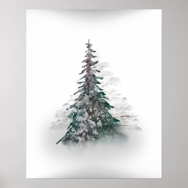 Affiche Montagne neigeuse avec arbre solitaire (Devant)