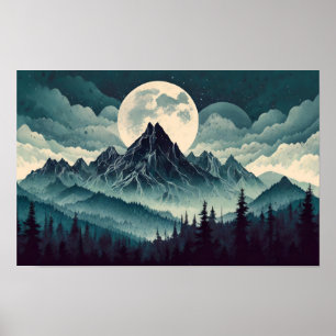 Affiche Montagne noire avec grande lune