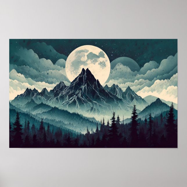 Affiche Montagne noire avec grande lune (Devant)