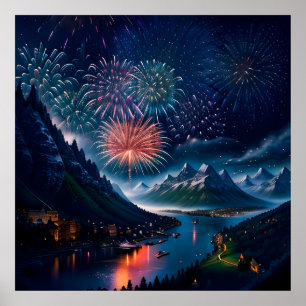 Affiche Montagne Twilight avec feux d'artifice