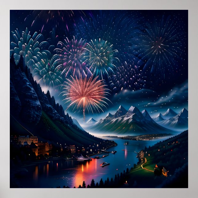 Affiche Montagne Twilight avec feux d'artifice (Devant)