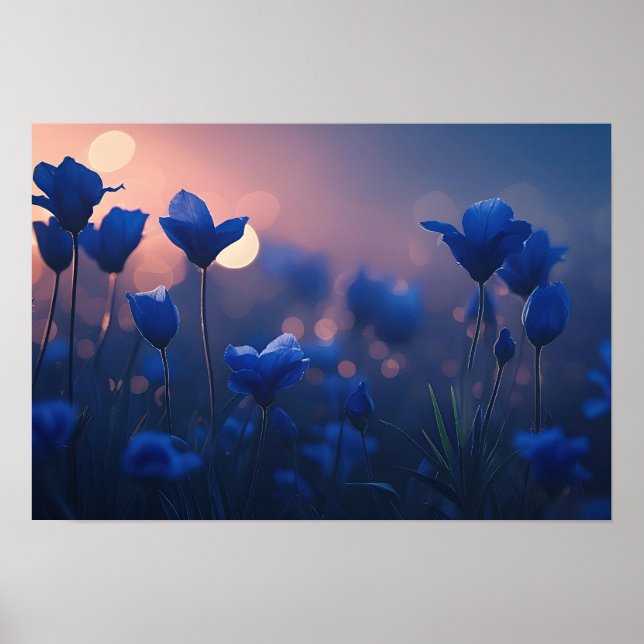 Affiche Montagnes bleues géométriques au coucher du soleil (Devant)