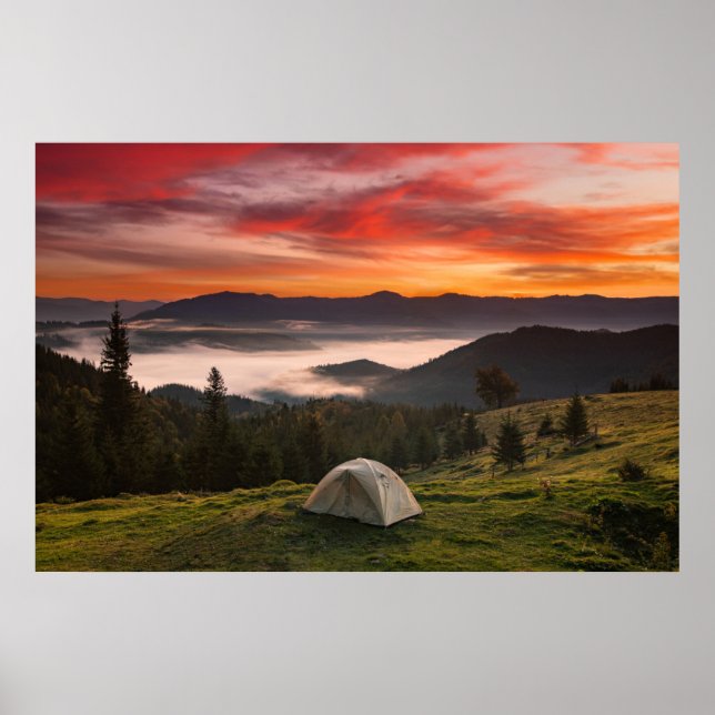 Affiche Montagnes | Camping Foggy Sunrise (Devant)