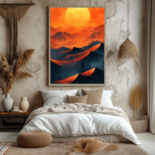 Affiche Montagnes de coucher de soleil ardent en orange mo