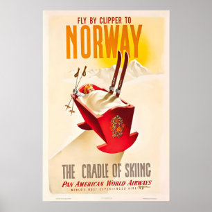 Affiche Montagnes de Norvège Ski Sport d'hiver Ski Vintage